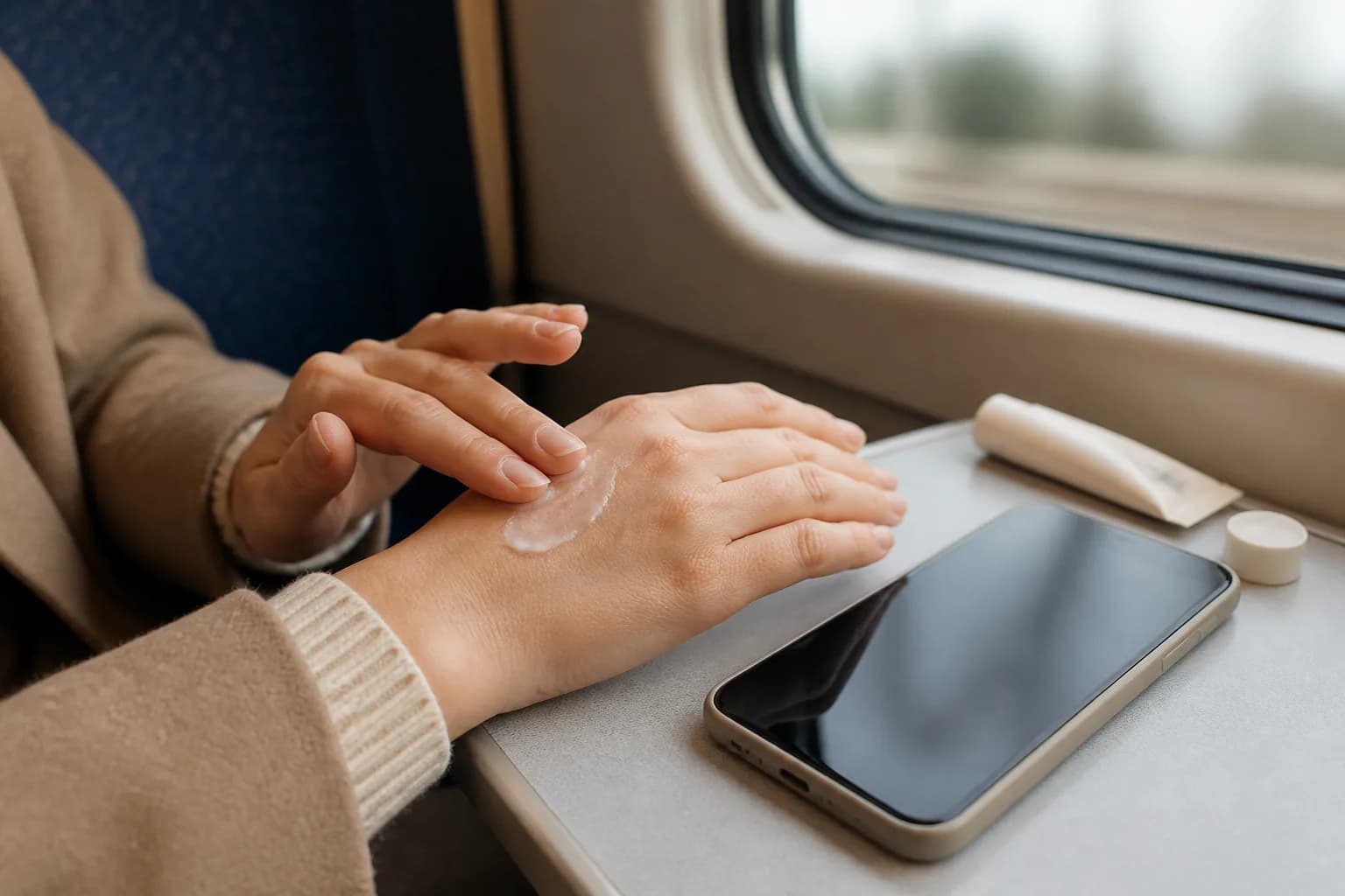 通勤中に手に薄くクリームをなじませるイメージ