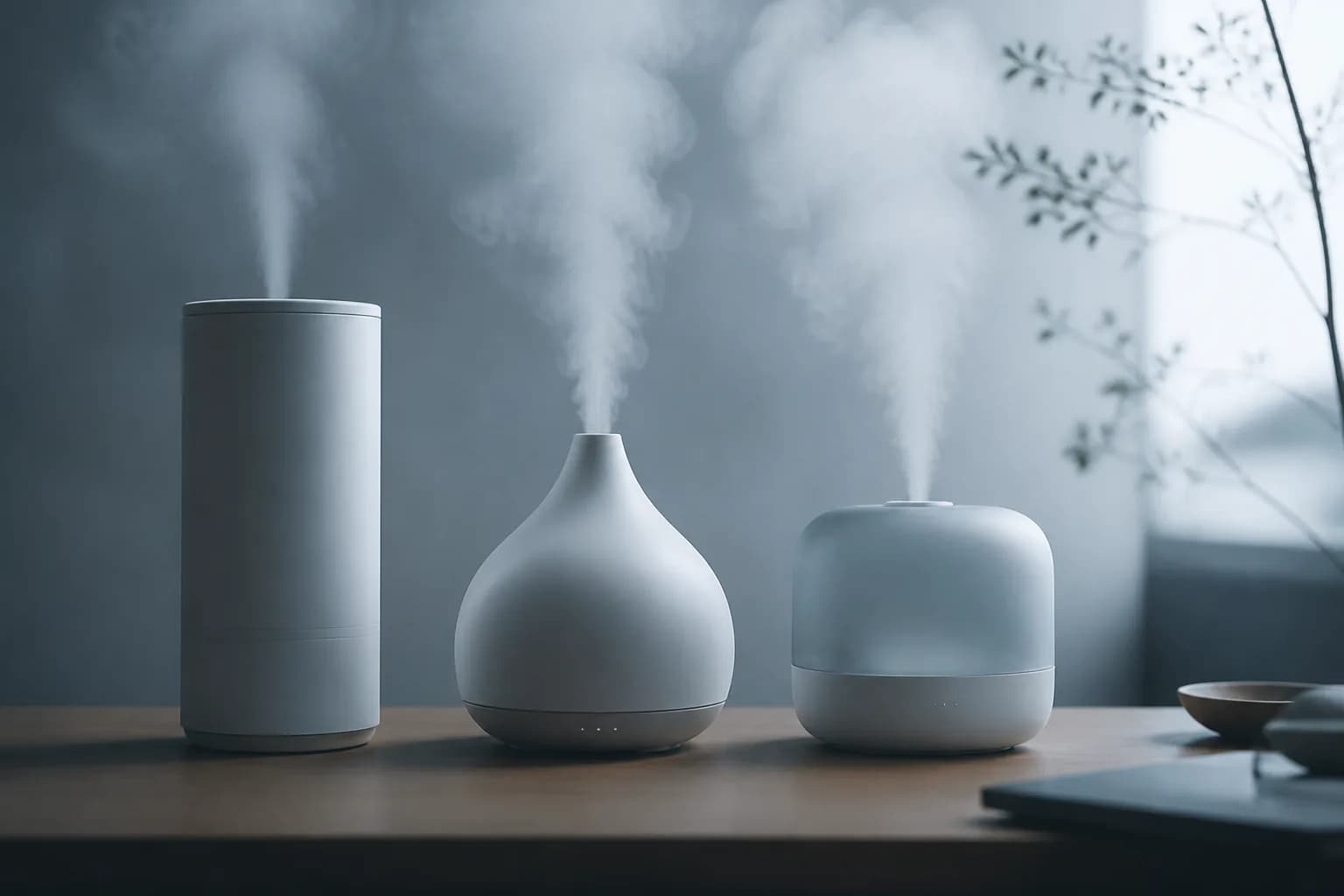 加湿器の方式の違いをイメージしたデスク上のシルエット