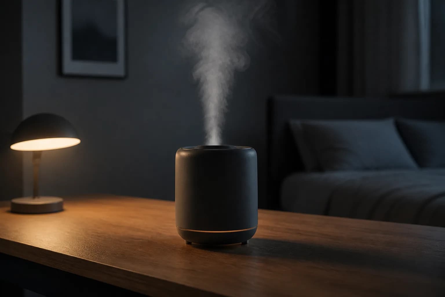 デスク脇に置いた加湿器の静かな夜のイメージ