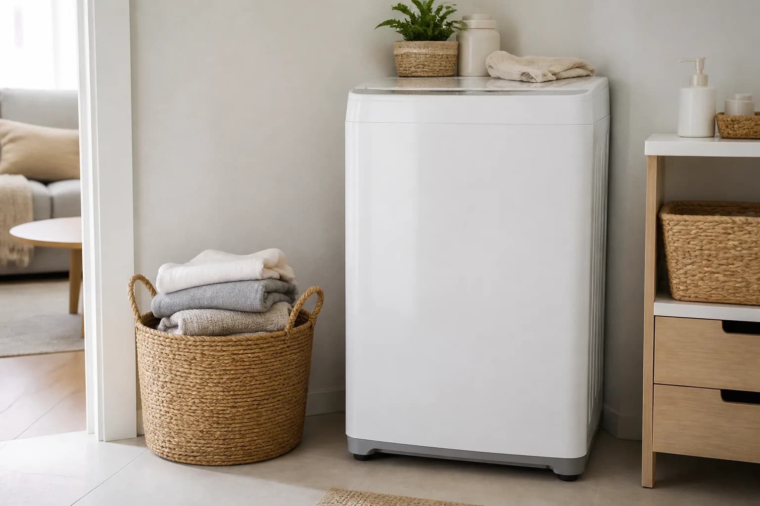 少量の衣類とコンパクトな洗濯機のイメージ