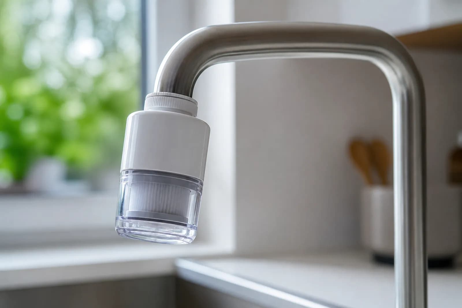 蛇口の先端にコンパクトな浄水器カートリッジを取り付けたイメージ