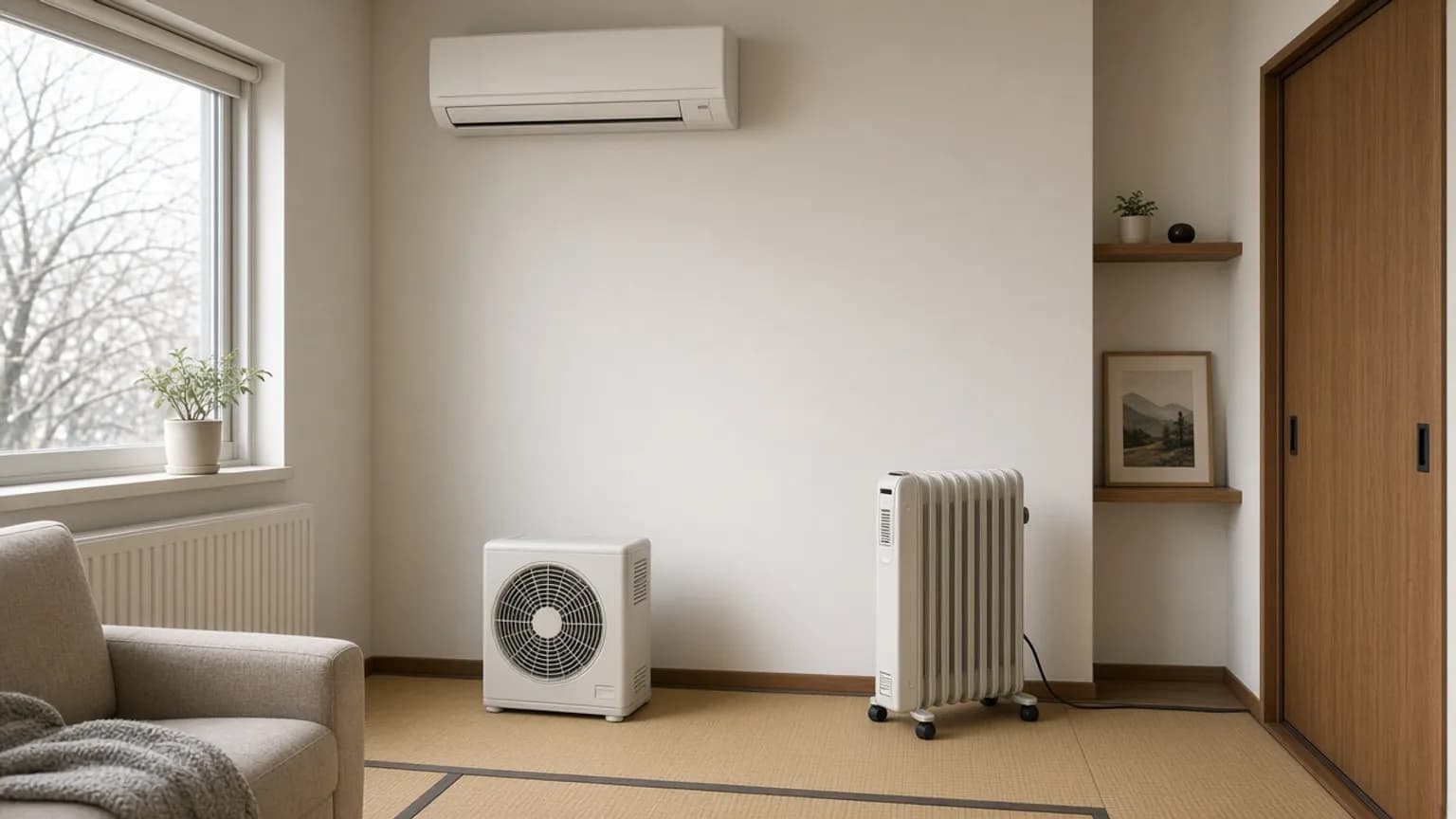 エアコン、床置きのファンヒーター、オイルヒーターが同じ部屋の別の位置にあるイメージ