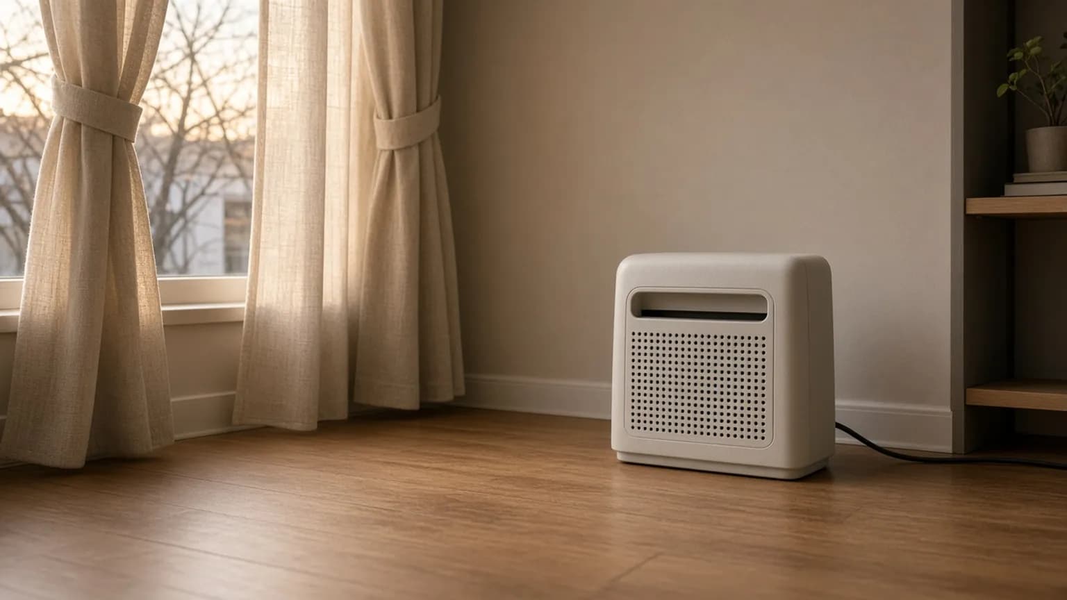 ヒーターの周囲に空きがあり、コードが敷物の下を通っていないイメージ