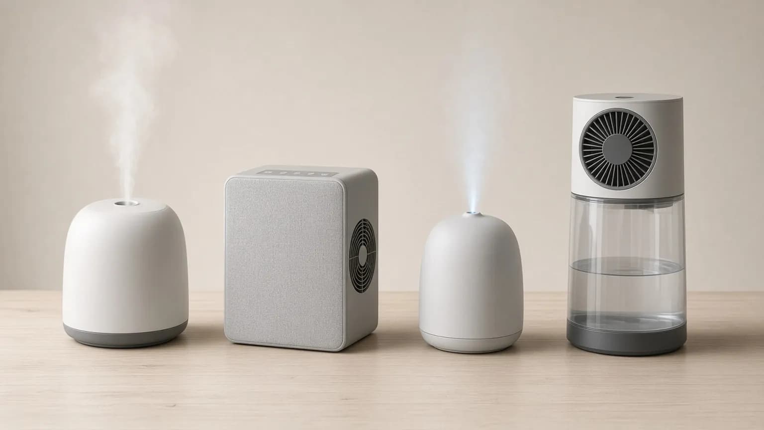 水の出し方が違う4台の加湿器が並ぶイメージ。文字やロゴはない