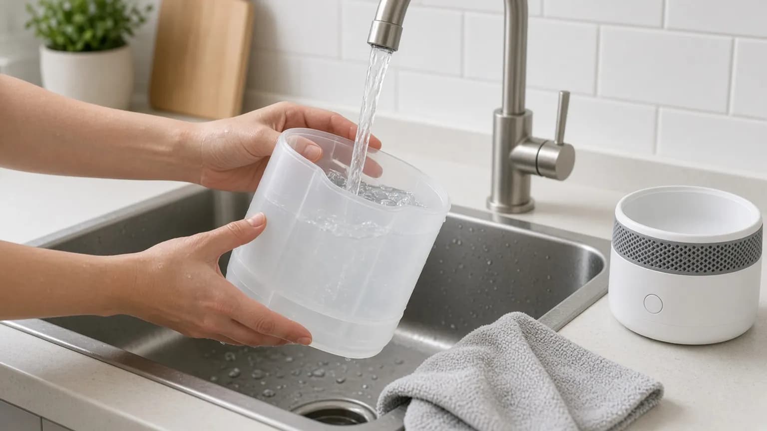 水道で加湿器のタンクをすすいでいるイメージ。文字やロゴはない
