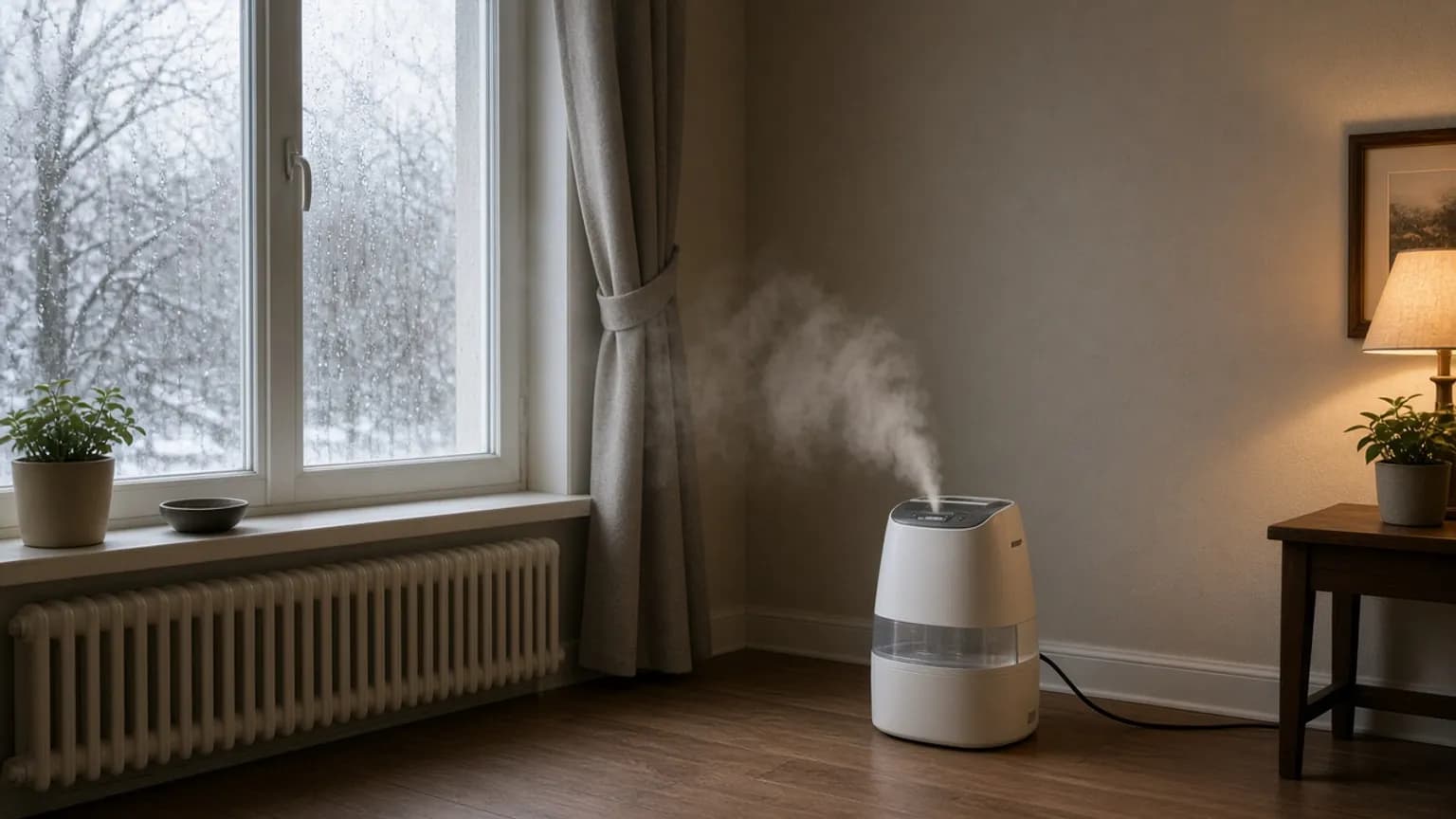 窓から離した床に置き、コードを敷物の下に通していない加湿器のイメージ