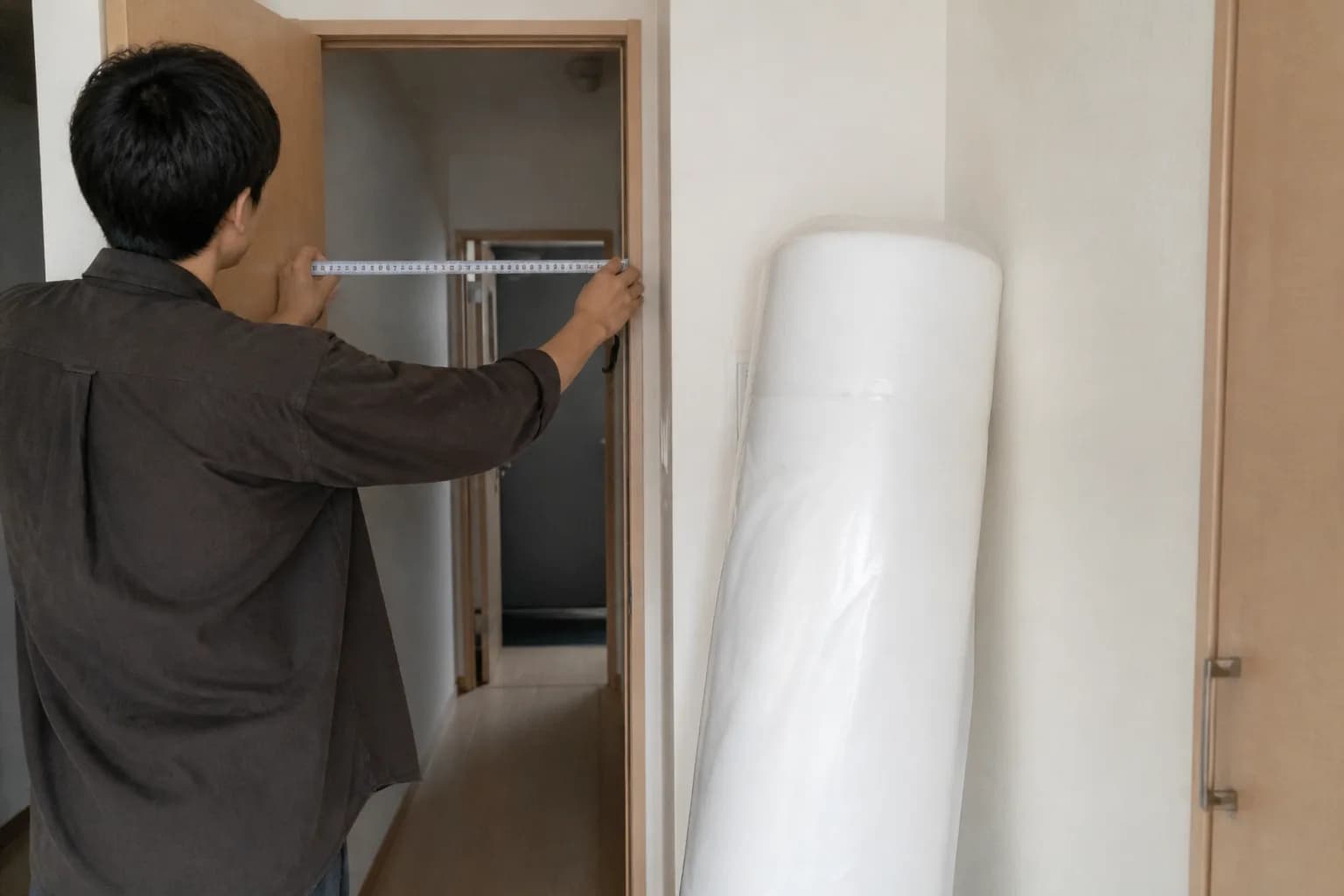 アパートのドア幅をメジャーで測り、巻いたマットレスが壁に立てかけられたイメージ